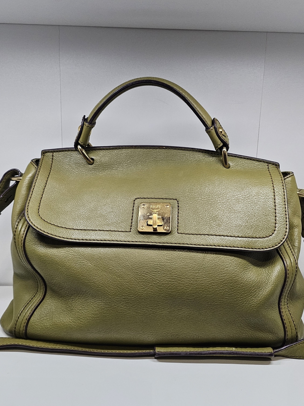 MCM Olive Green Leather Top-Handle Satchel with Gold Hardware